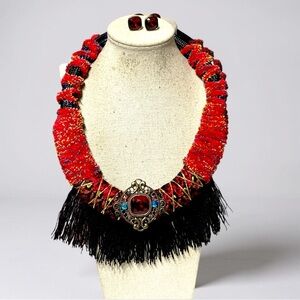 Elegant Red and Black Statement Necklace and Earring Set